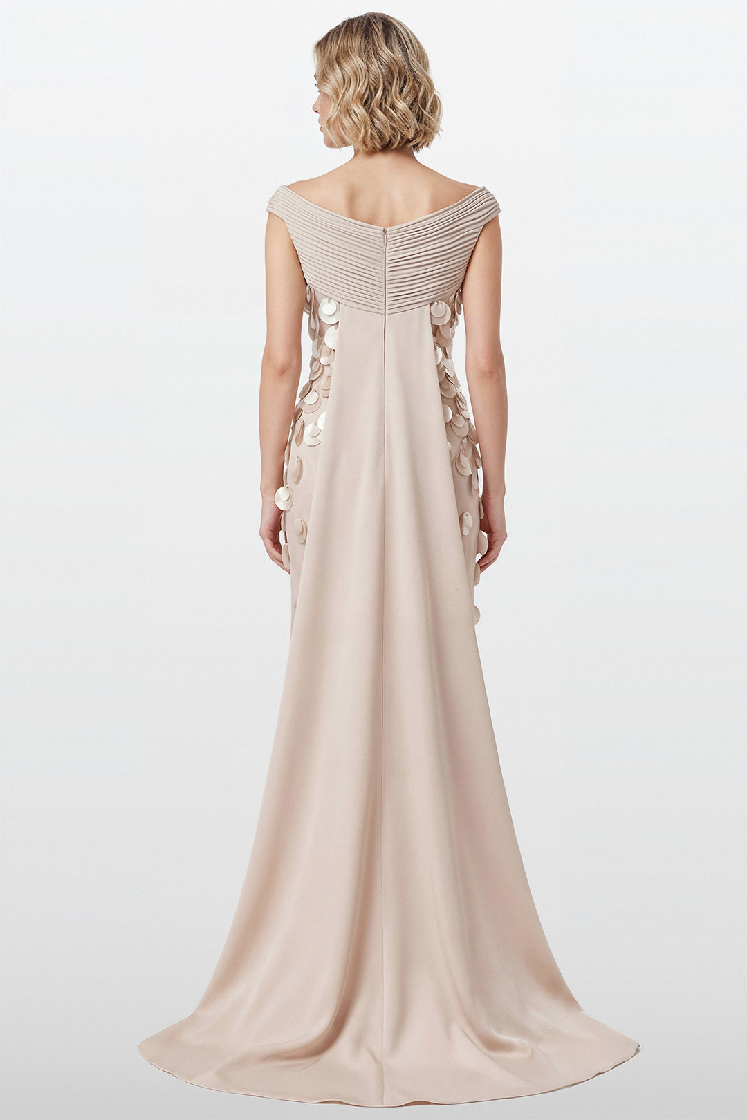 Off-Shoulder Crepe Gown with Disc Appliqués