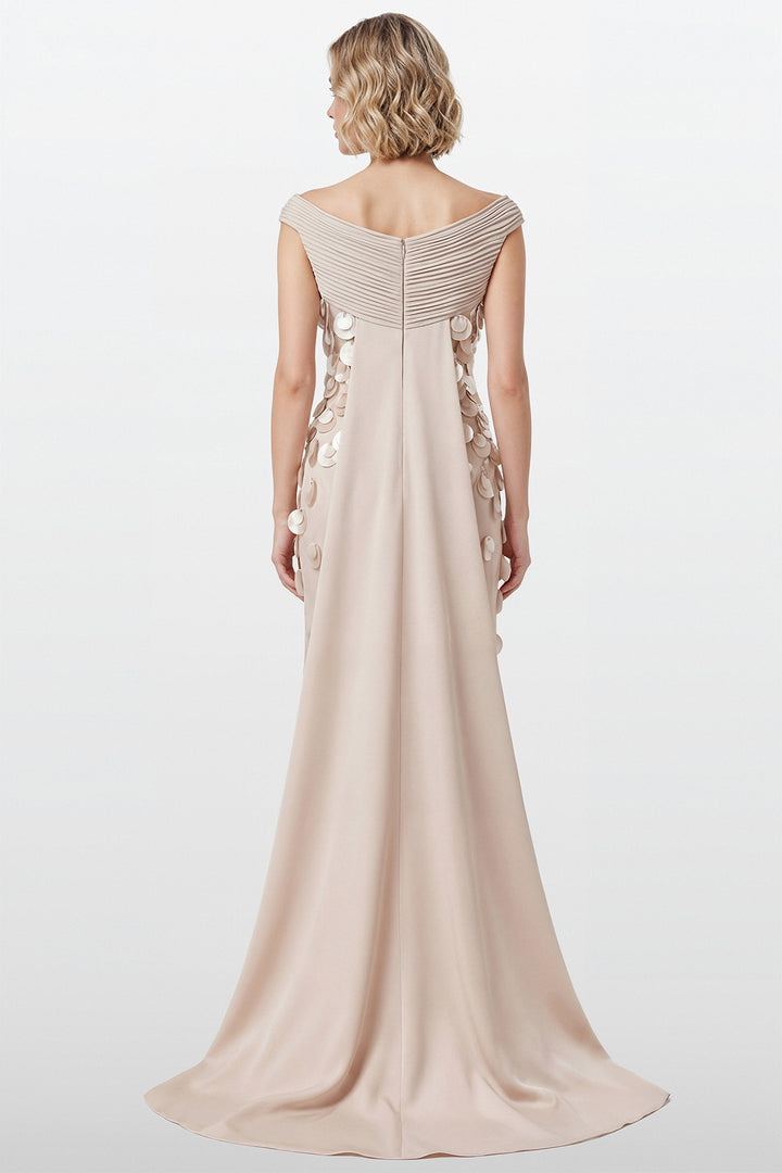 Off-Shoulder Crepe Gown with Disc Appliqués