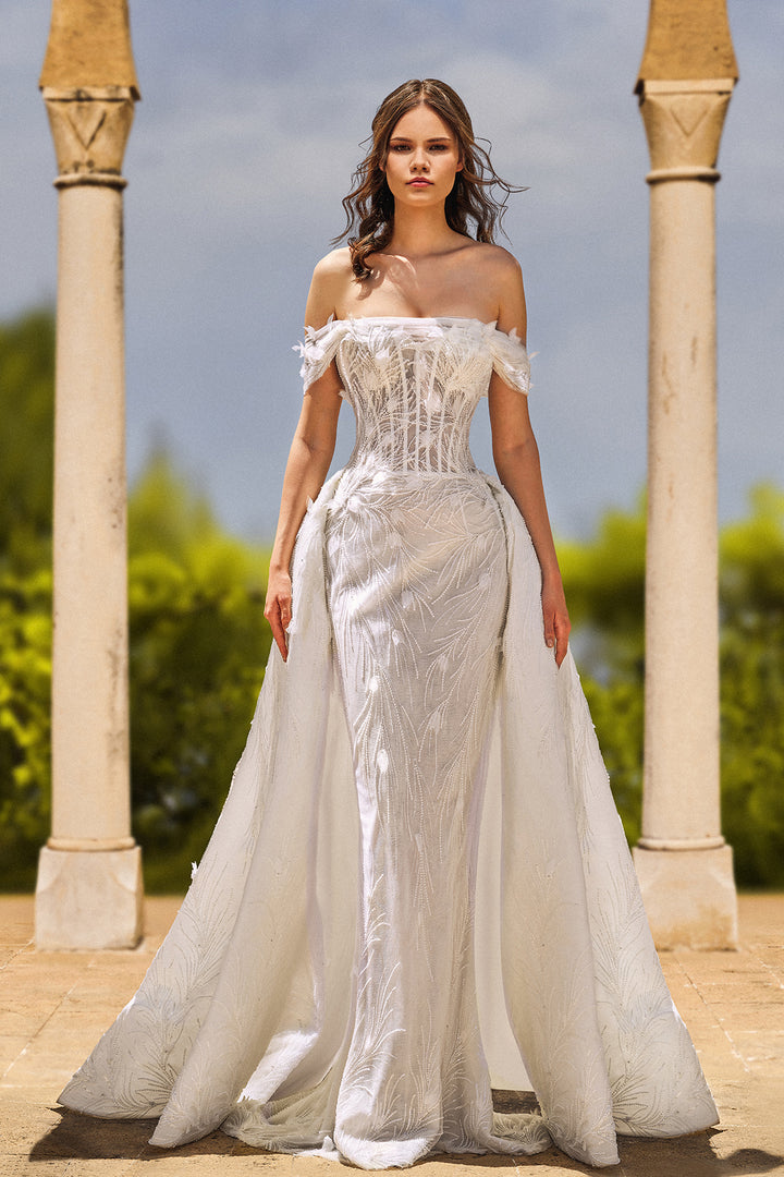 Off-The-Shoulder Embroidered Straight-Cut Dress with Overskirt