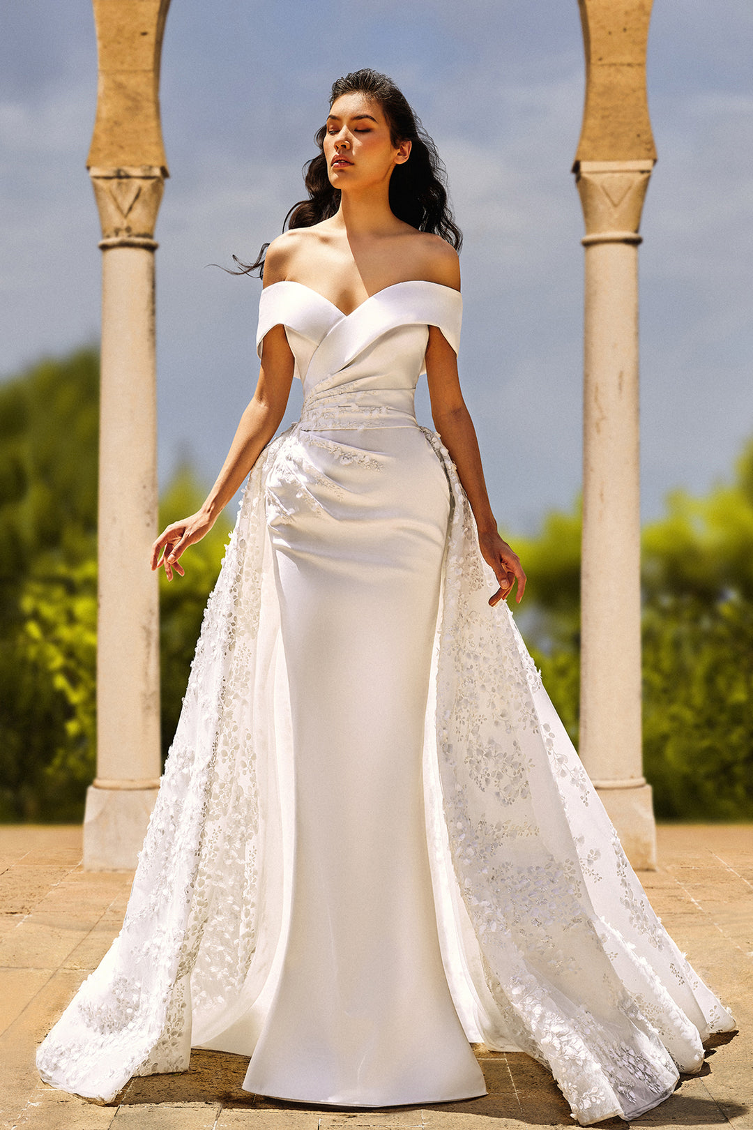 Off-The-Shoulder Mermaid Dress with Embroidered Overskirt M.R DESIGN Off-The-Shoulder Mermaid Dress with Embroidered Overskirt M.R DESIGN
