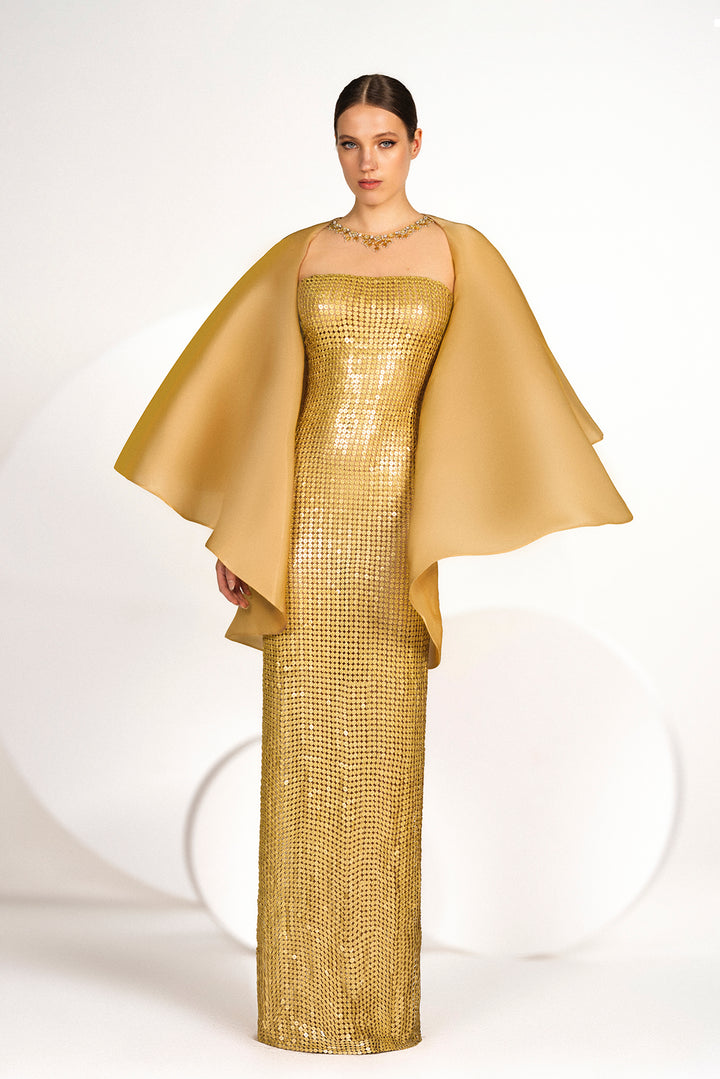 Sequined Dress with Taffeta Batwing Sleeves