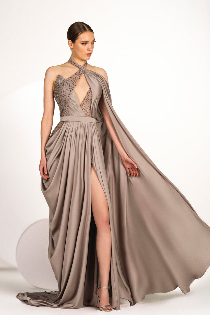 Halter-Neck Draped Satin Dress with Cape