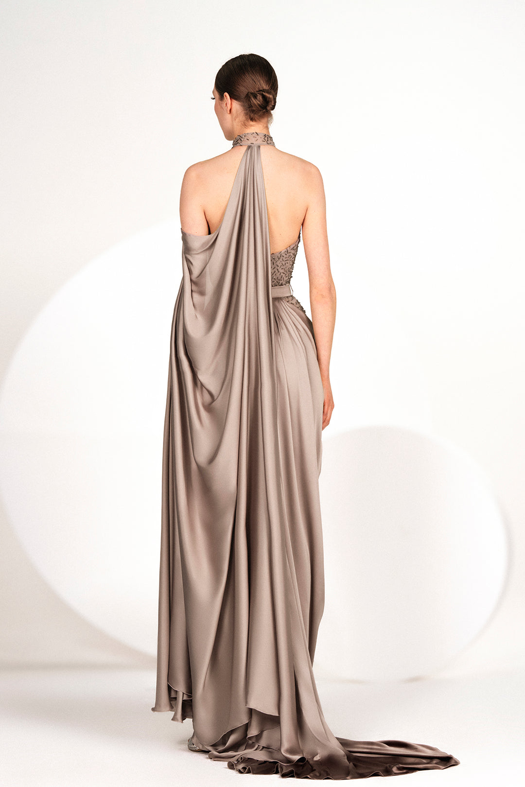 Halter-Neck Draped Satin Dress with Cape