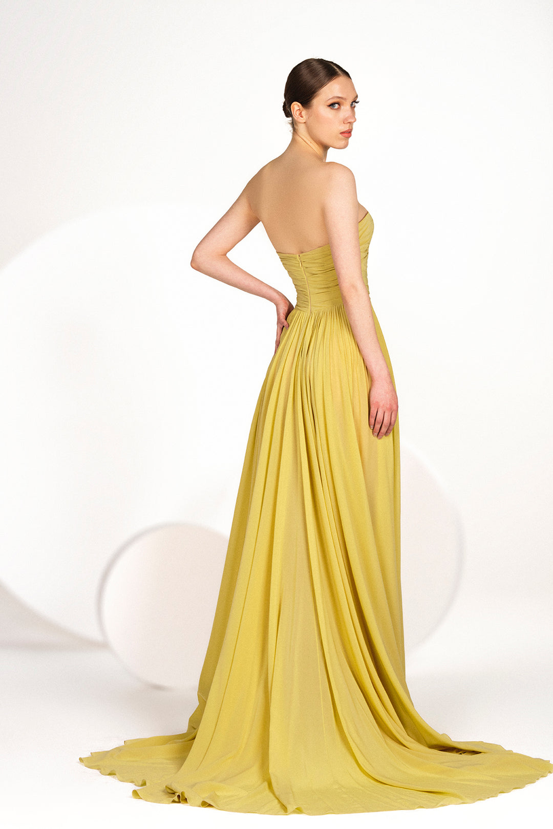 yellow pleated strapless dress Strapless Yellow Pleated A-line Long Dress PollyBoutique