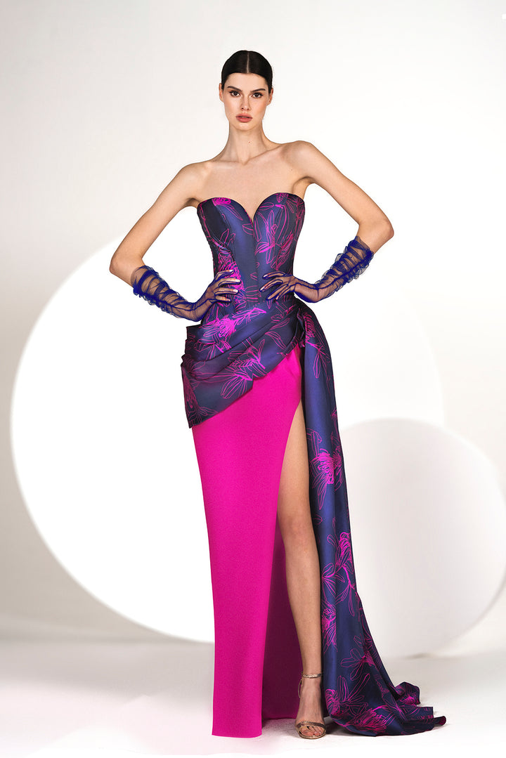 Strapless navy blue and hot pink dress with a high slit.