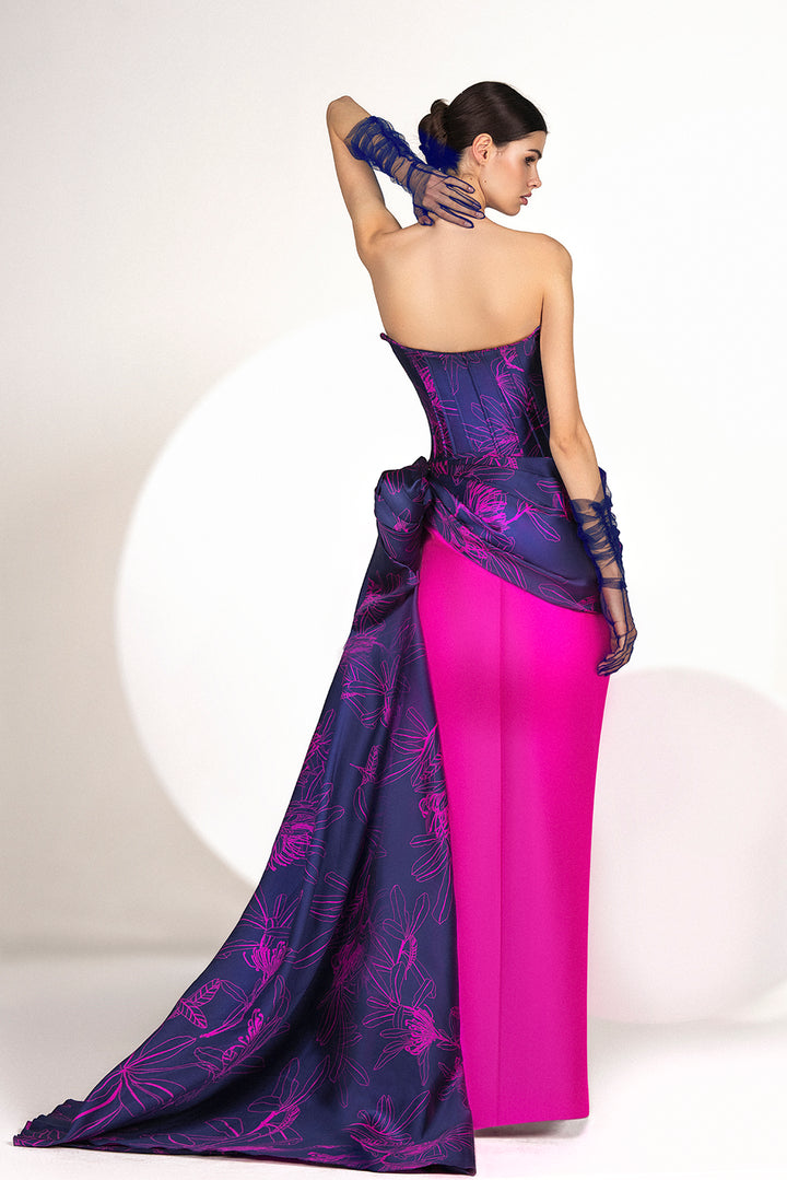 Strapless navy blue and hot pink dress with a high slit.