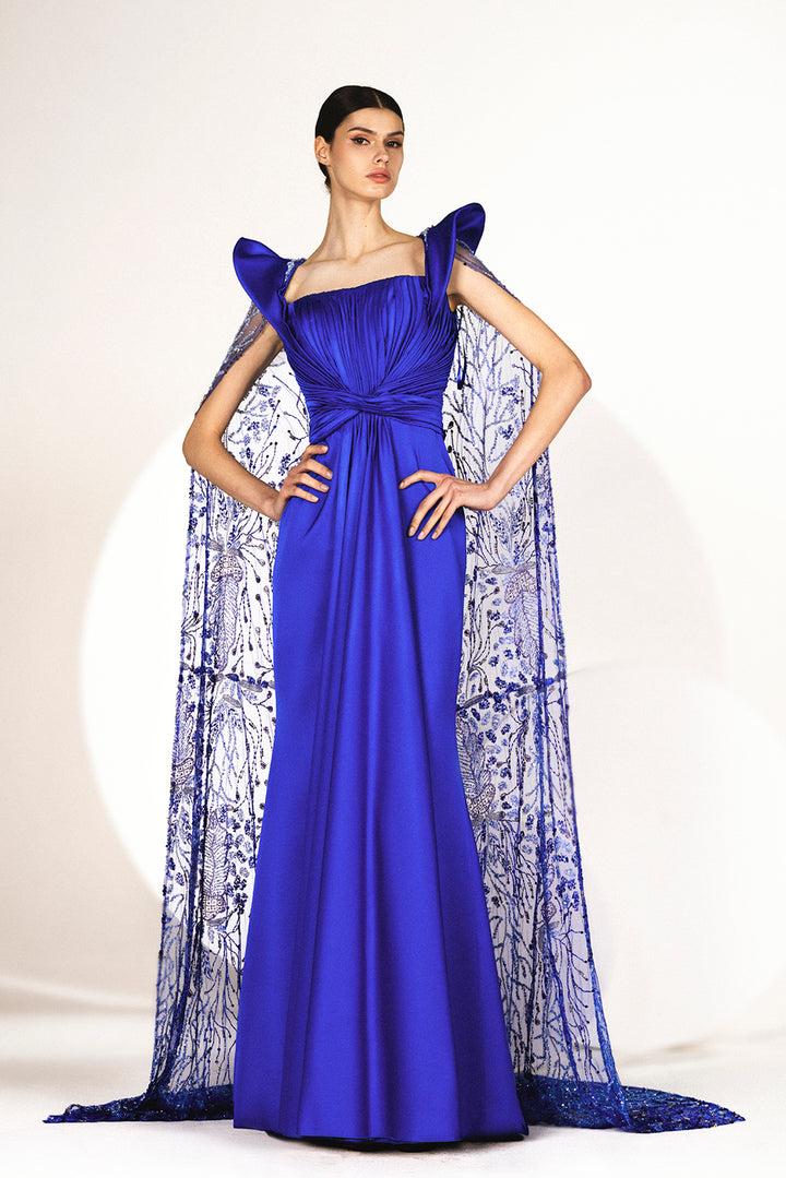 Satin Pleated Mermaid Dress with Embroidered Cape