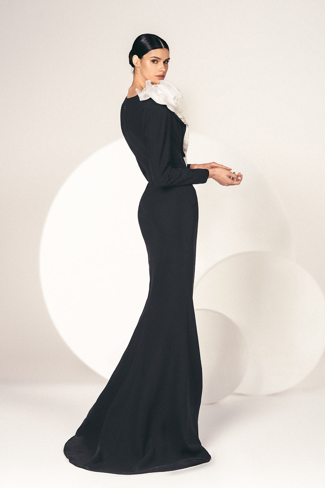 Long-Sleeved Crepe Dress with Triple Organza Details