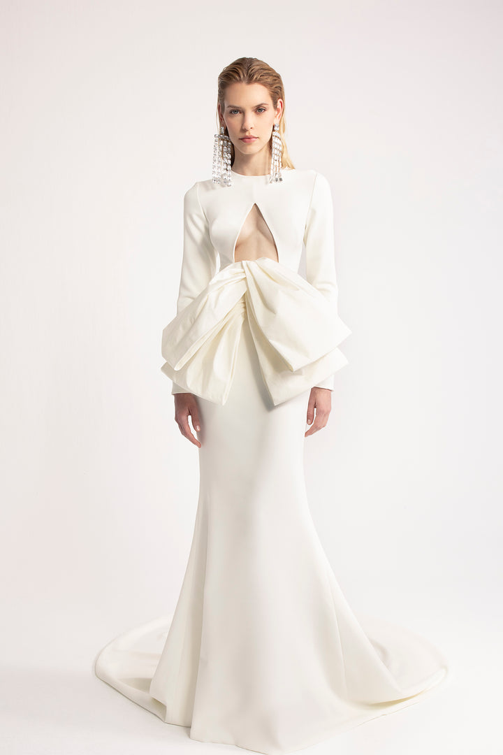 Mermaid Silhouette Wedding Dress with Long Sleeves, Cut-Out, and Waist Bow