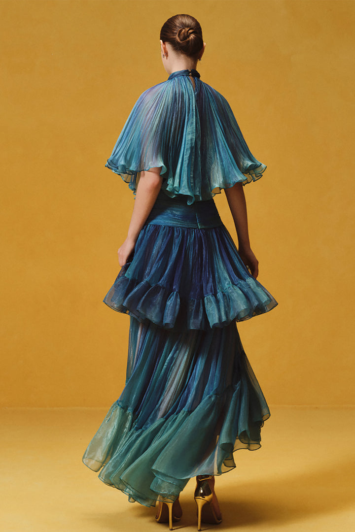 Asymmetrical Cape with Tiered Pleated Dress