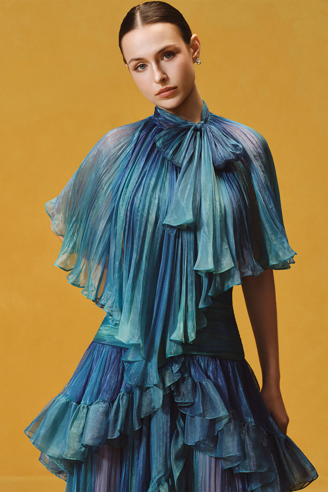 Asymmetrical Cape with Tiered Pleated Dress