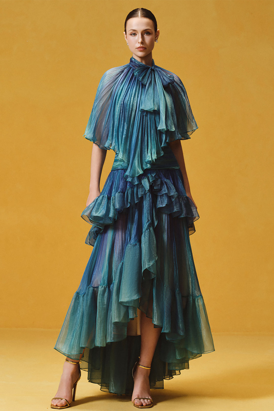 Asymmetrical Cape with Tiered Pleated Dress