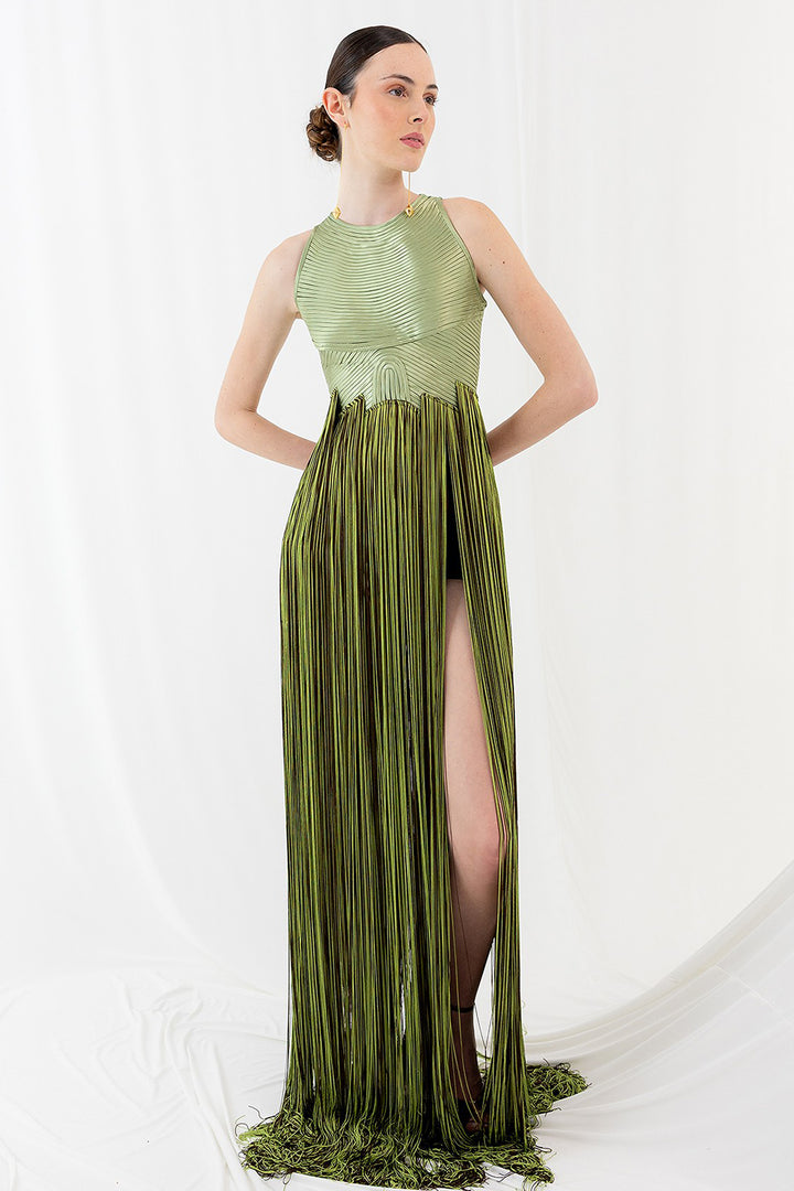 Structured Bodice with Flowing Fringe Dress