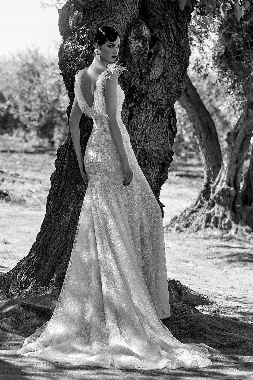 Fitted Rhinestone Wedding Dress With Feathered Shoulders