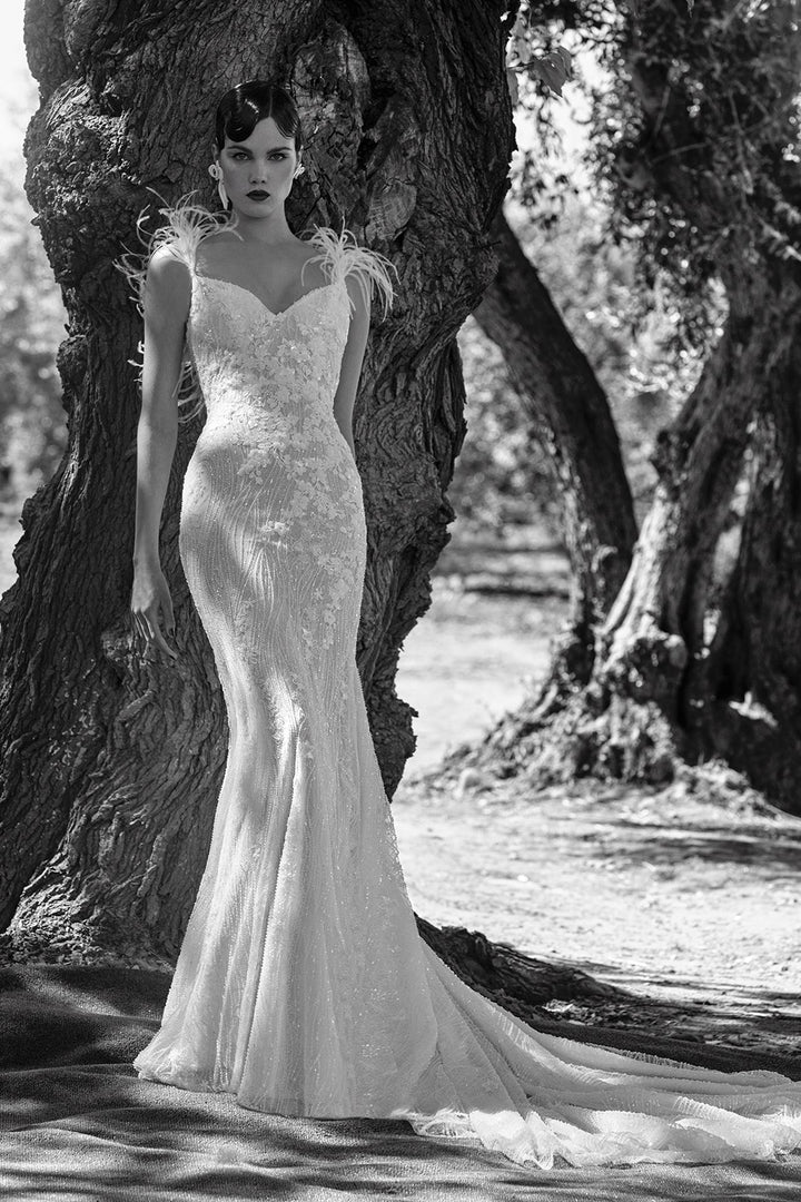 Fitted Rhinestone Wedding Dress With Feathered Shoulders