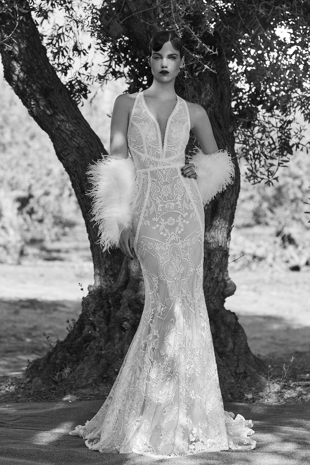V-Neck Fitted Wedding Dress With Feathered Sleeves