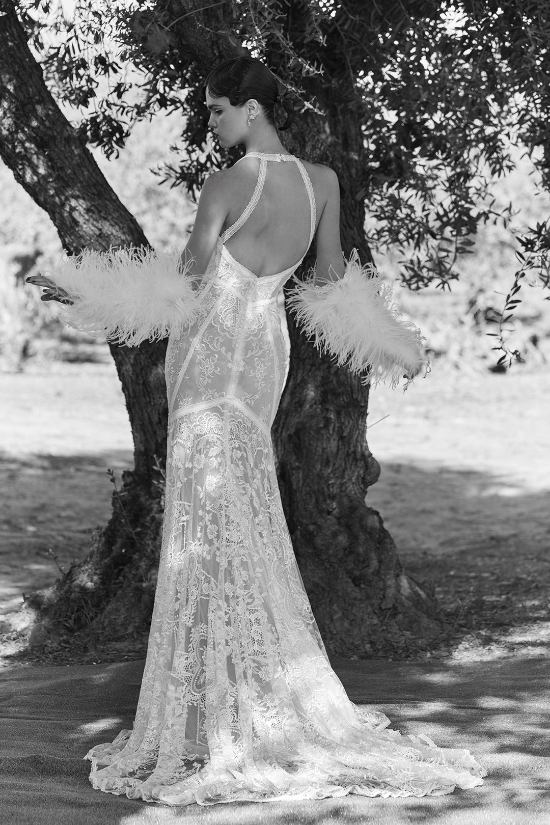 V-Neck Fitted Wedding Dress With Feathered Sleeves M.R DESIGN V-Neck Fitted Wedding Dress With Feathered Sleeves M.R DESIGN