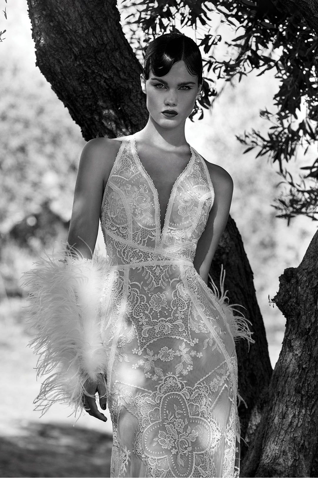 V-Neck Fitted Wedding Dress With Feathered Sleeves V-Neck Fitted Wedding Dress With Feathered Sleeves