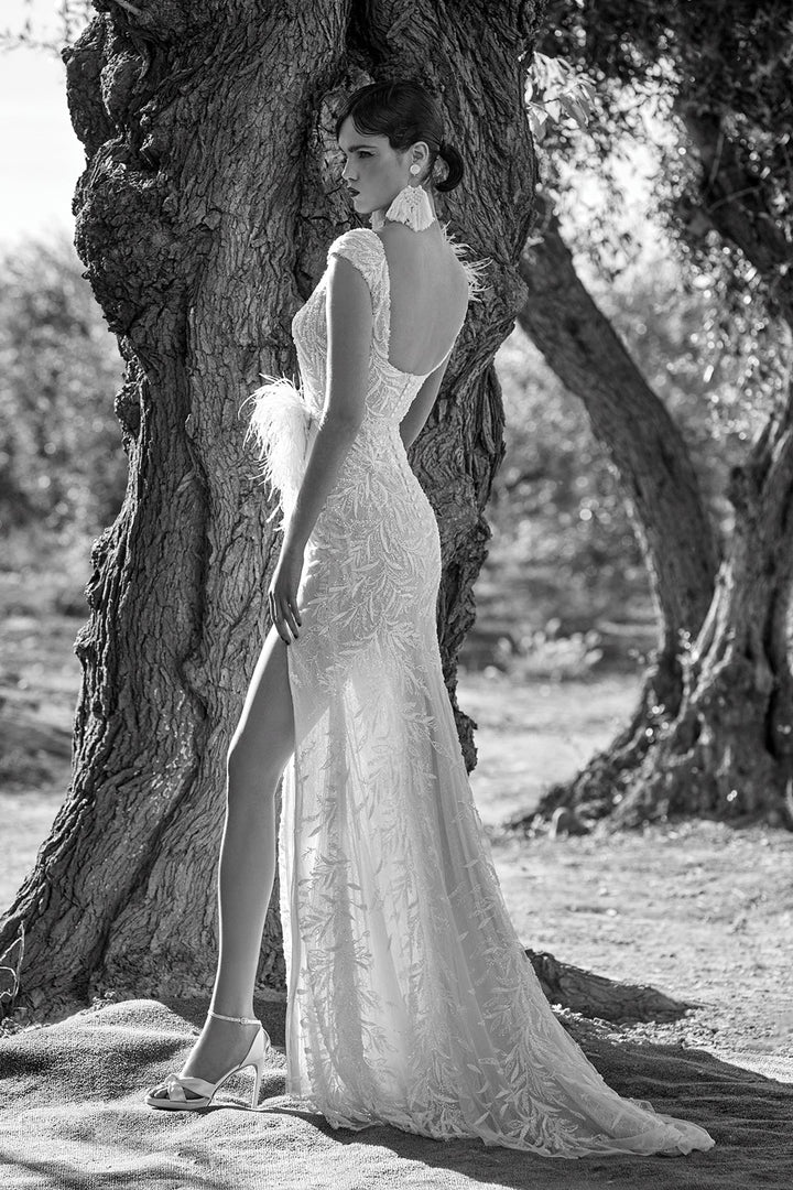 Rhinestone Wedding Dress With a High Slit