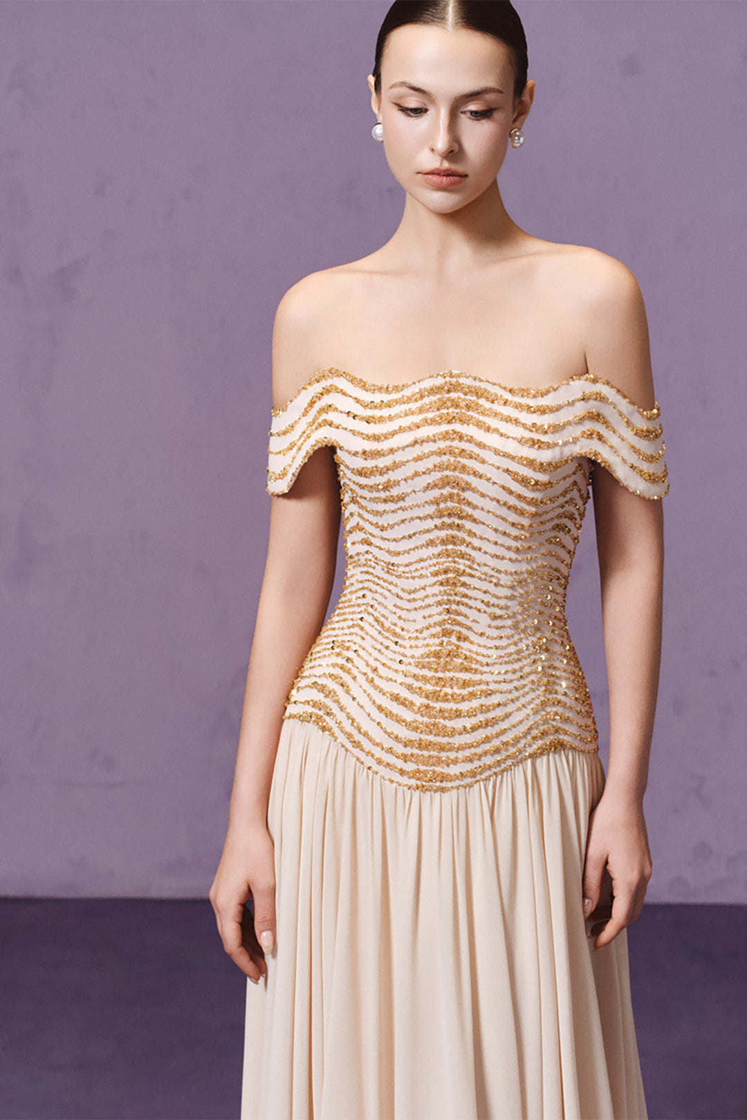 Off-the-Shoulder with Crystal Embellished Dress