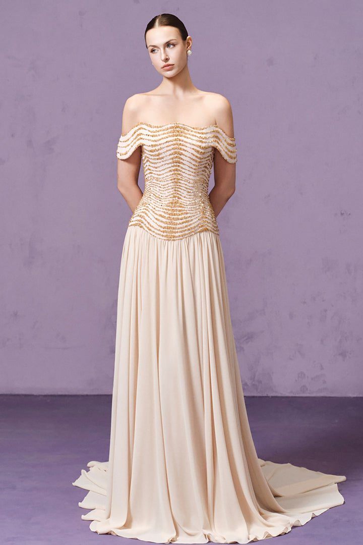 Off-the-Shoulder with Crystal Embellished Dress