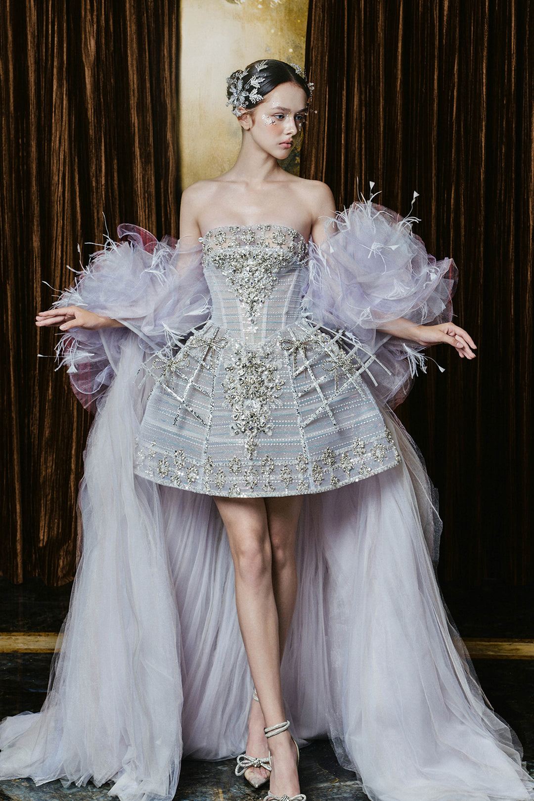 Beaded Bodice with Cape And High-Low Dress Icy Silver / FR 34 Beaded Bodice with Cape And High-Low Dress Icy Silver / FR 34