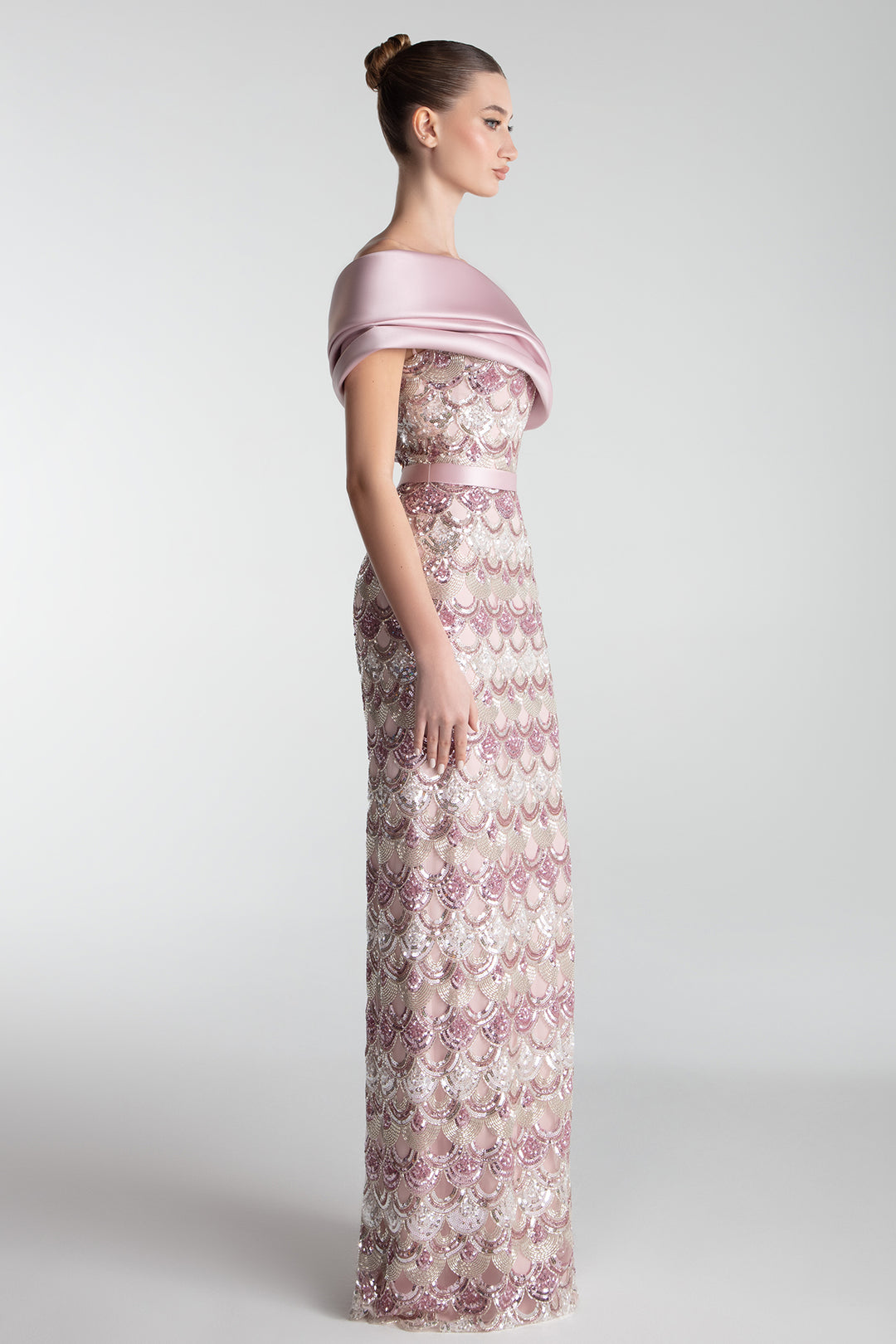 Off-Shoulder Embroidered Column Gown