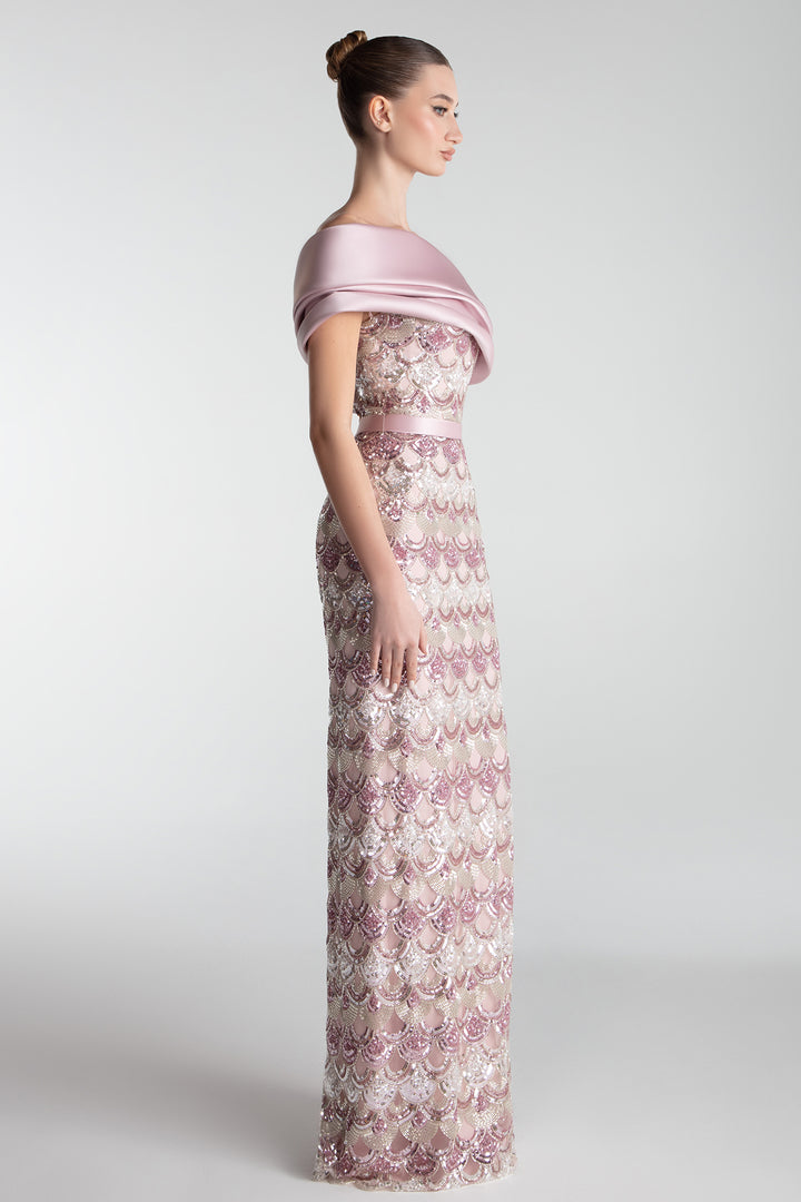 Off-Shoulder Embroidered Column Gown