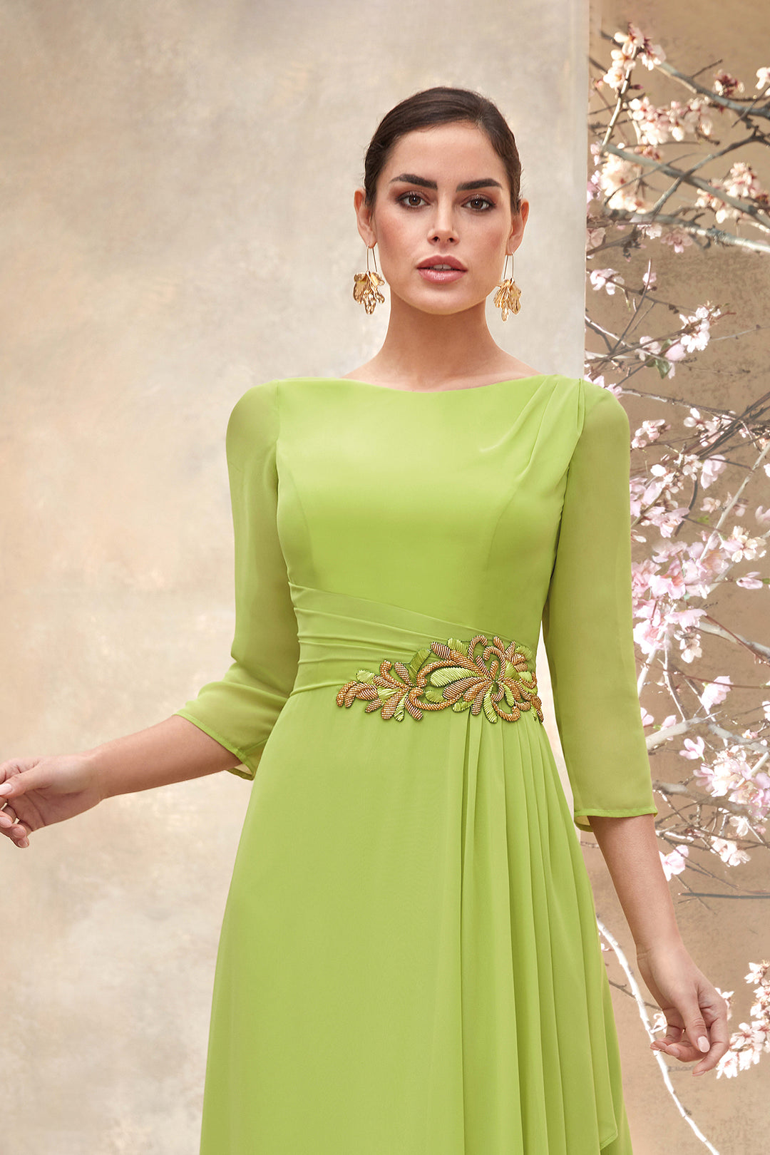 Chiffon Boat Neck Dress with Pleated Belt