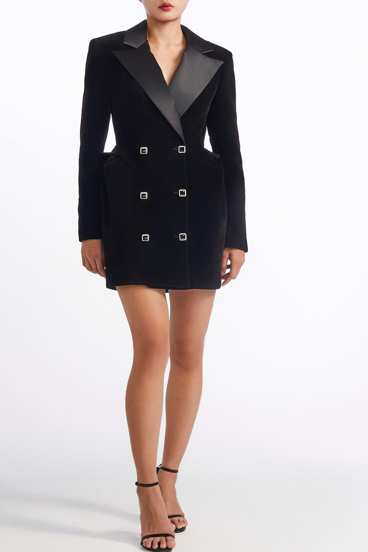 Satin Peak Lapel Double Breasted with Tuxedo Mini Dress
