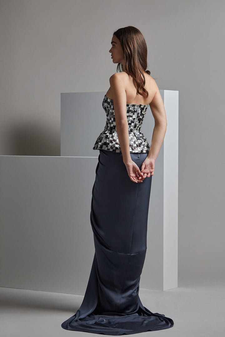 Strapless Sequined Top with Draped Skirt