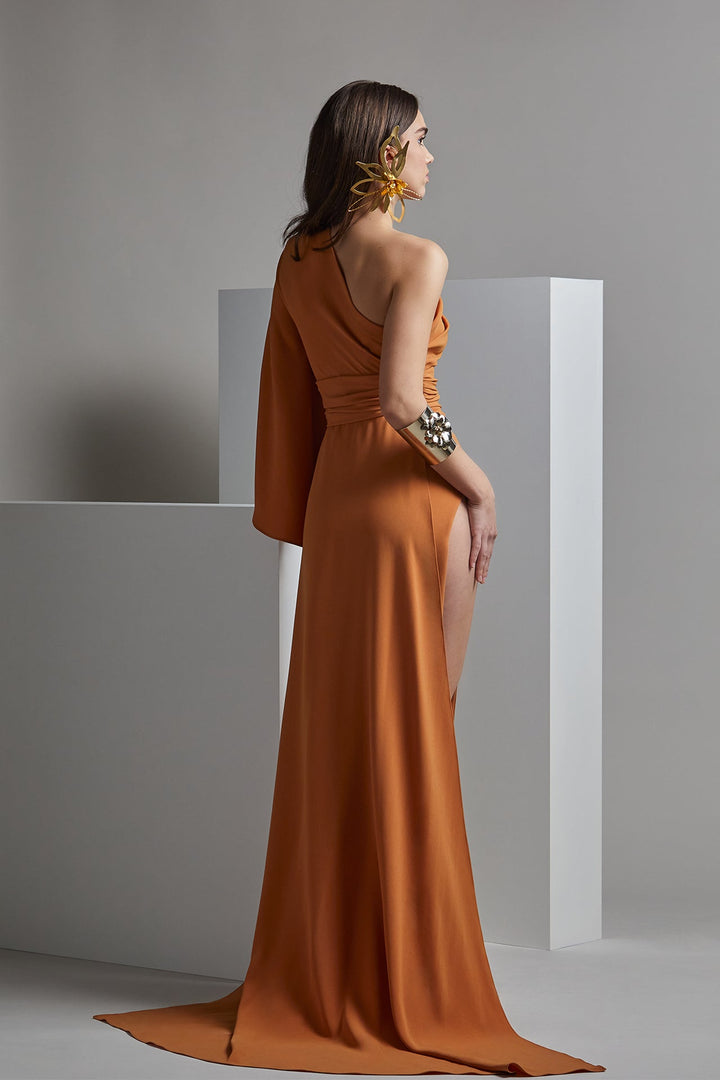 One-Shoulder Fitted Dress with Side Overskirt