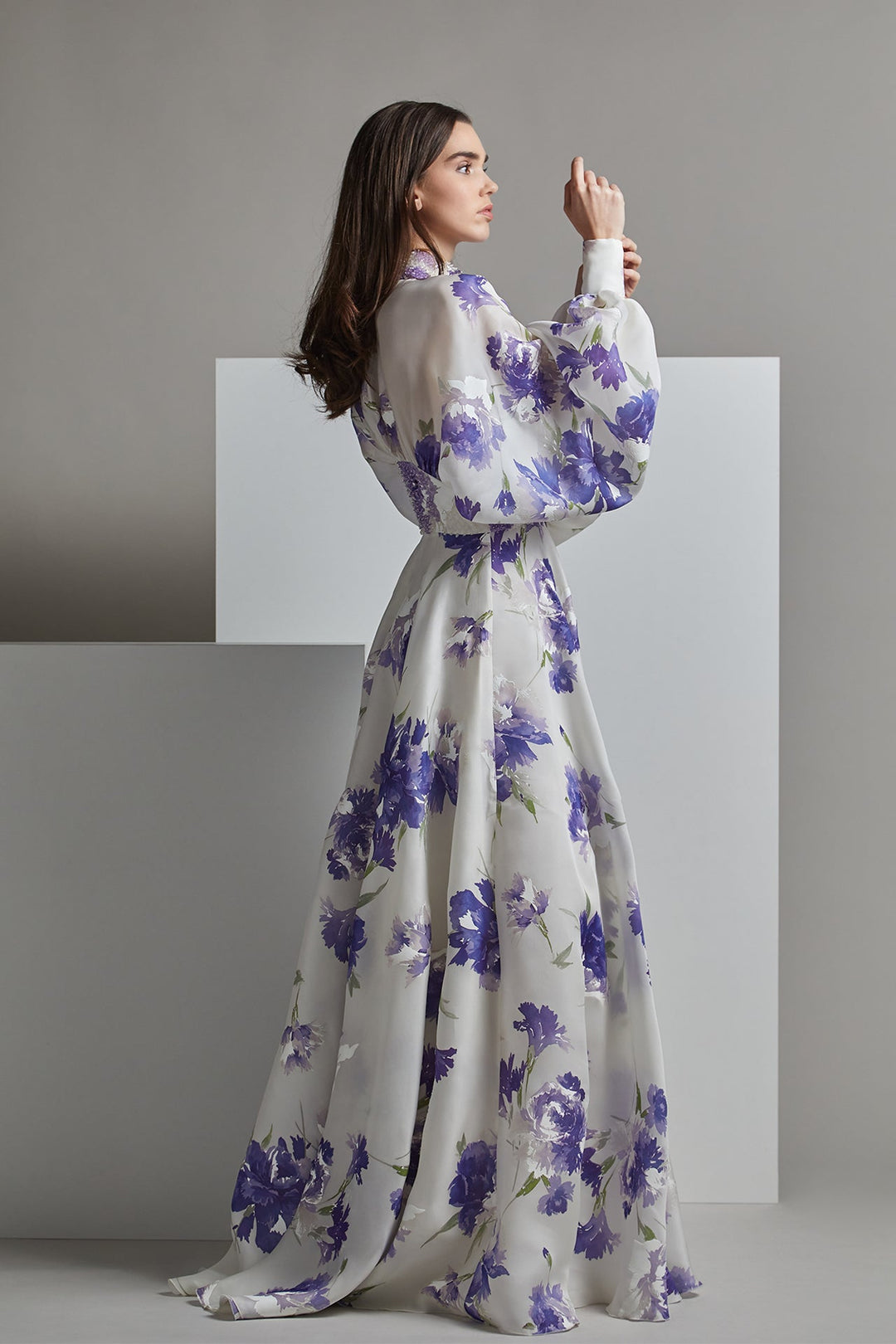 Floral and Long-Sleeved A-line Dress White & Purple / US 4