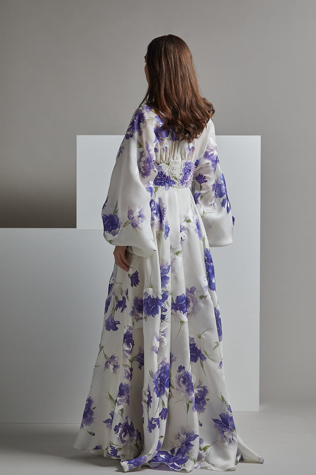 Floral and Long-Sleeved A-line Dress White & Purple / US 4