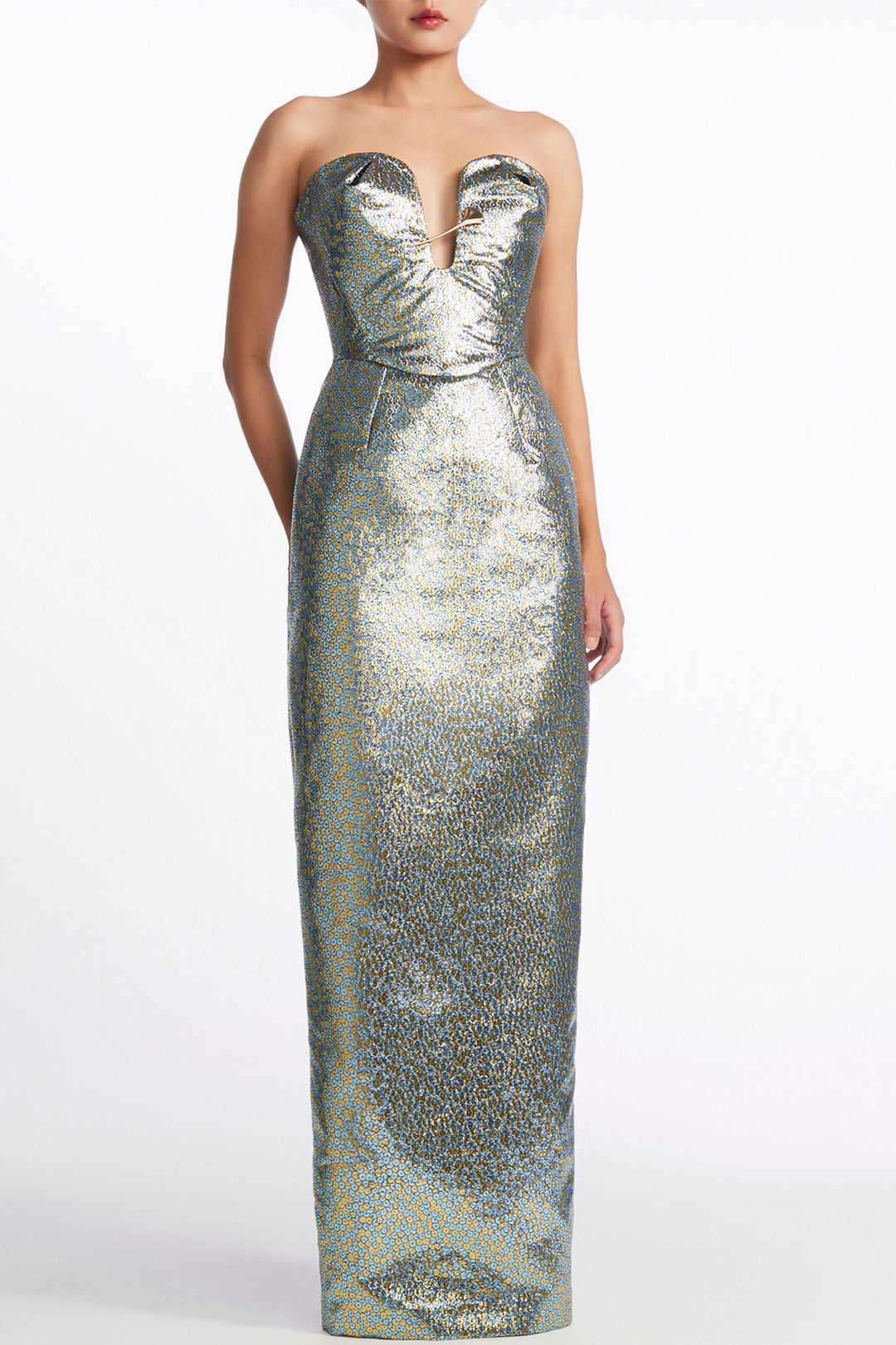 Strapless Deep-Plunge with Metallic Column Dress