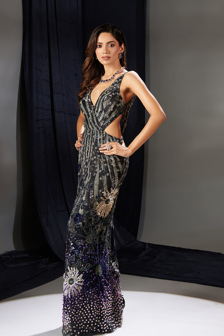 Crepe Long Dress with Floral Embroidery