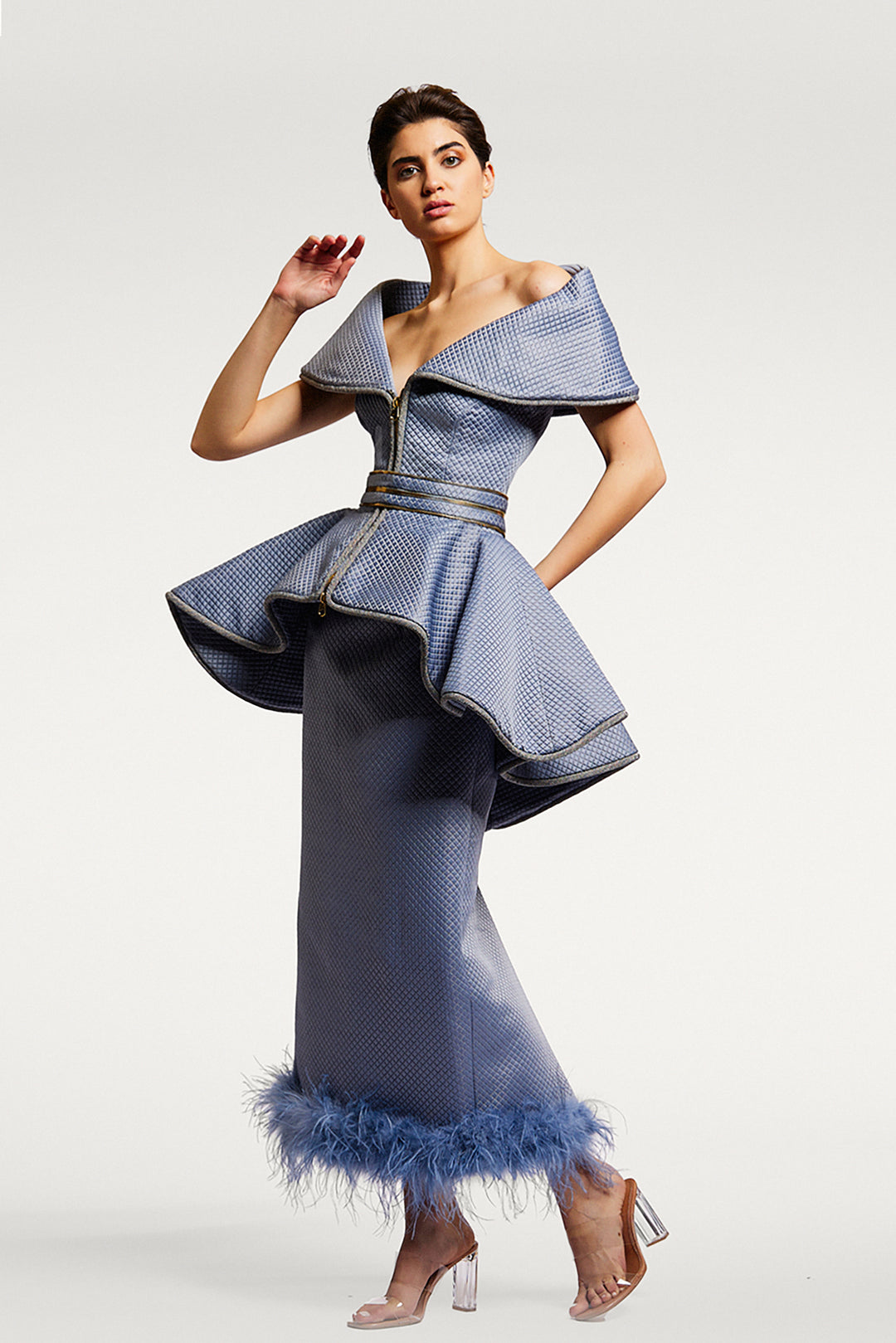 Off-The-Shoulder Peplum Midi Dress Blue / FR 34 Off-The-Shoulder Peplum Midi Dress Blue / FR 34