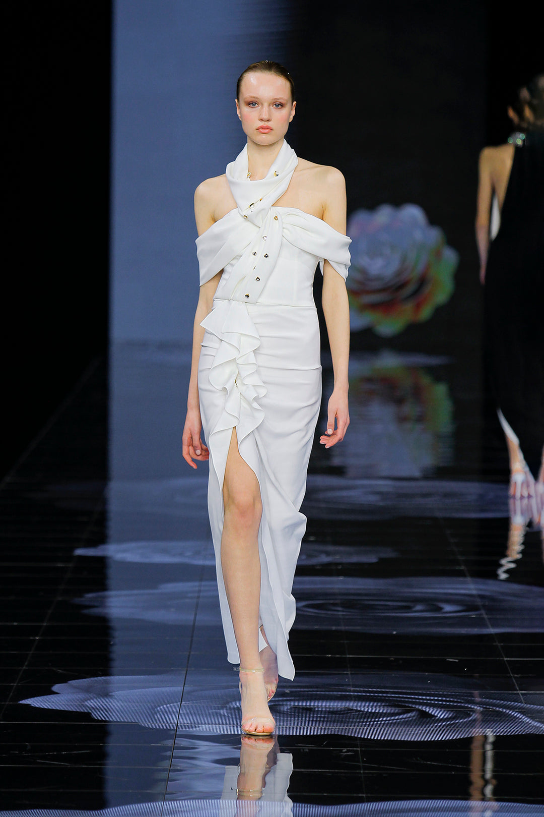Halter Neck Fitted Dress with Ruffles White / US 2 Halter Neck Fitted Dress with Ruffles White / US 2