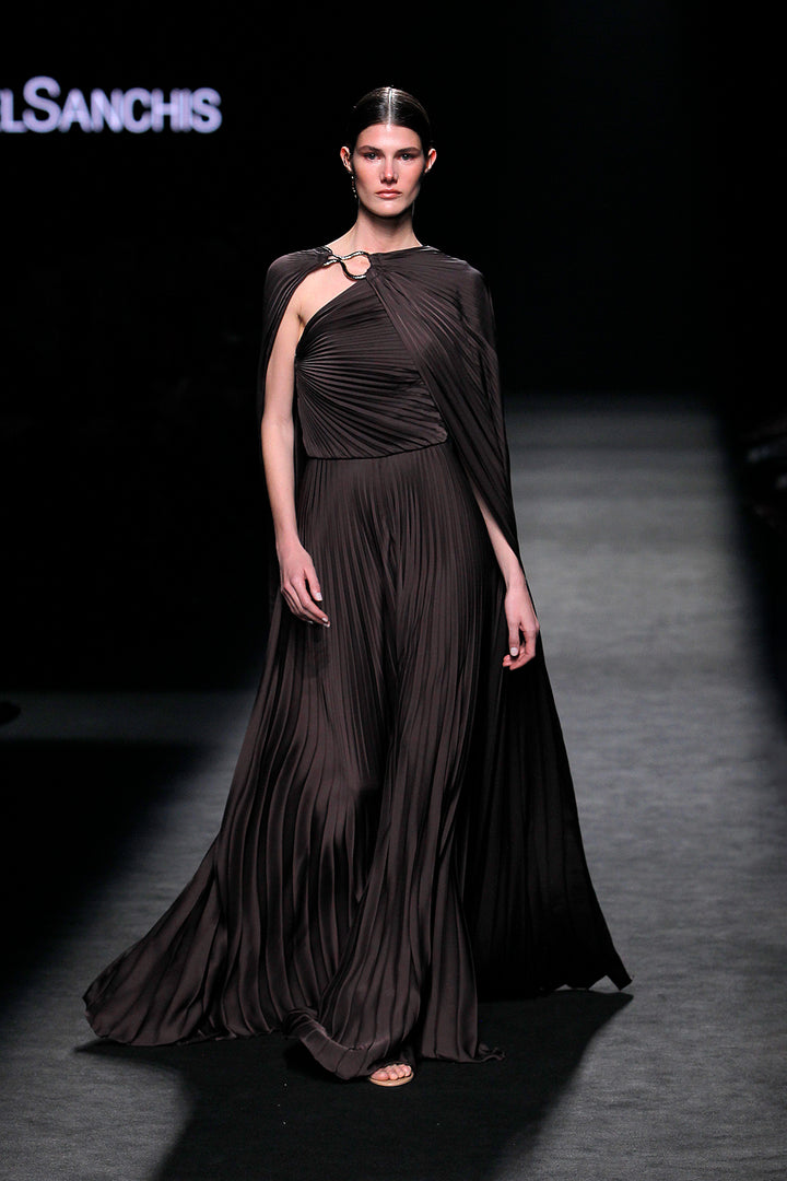 Pleated A-line Dress with Cape Sleeves