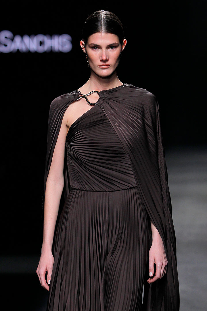 Pleated A-line Dress with Cape Sleeves