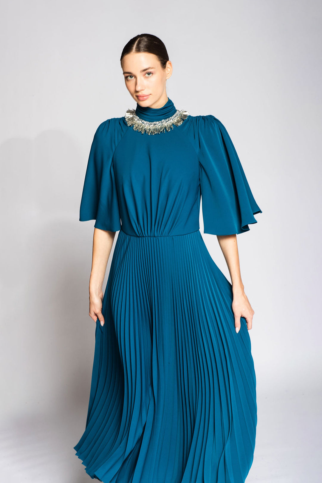 Pleated Midi Dress with Bell Sleeves