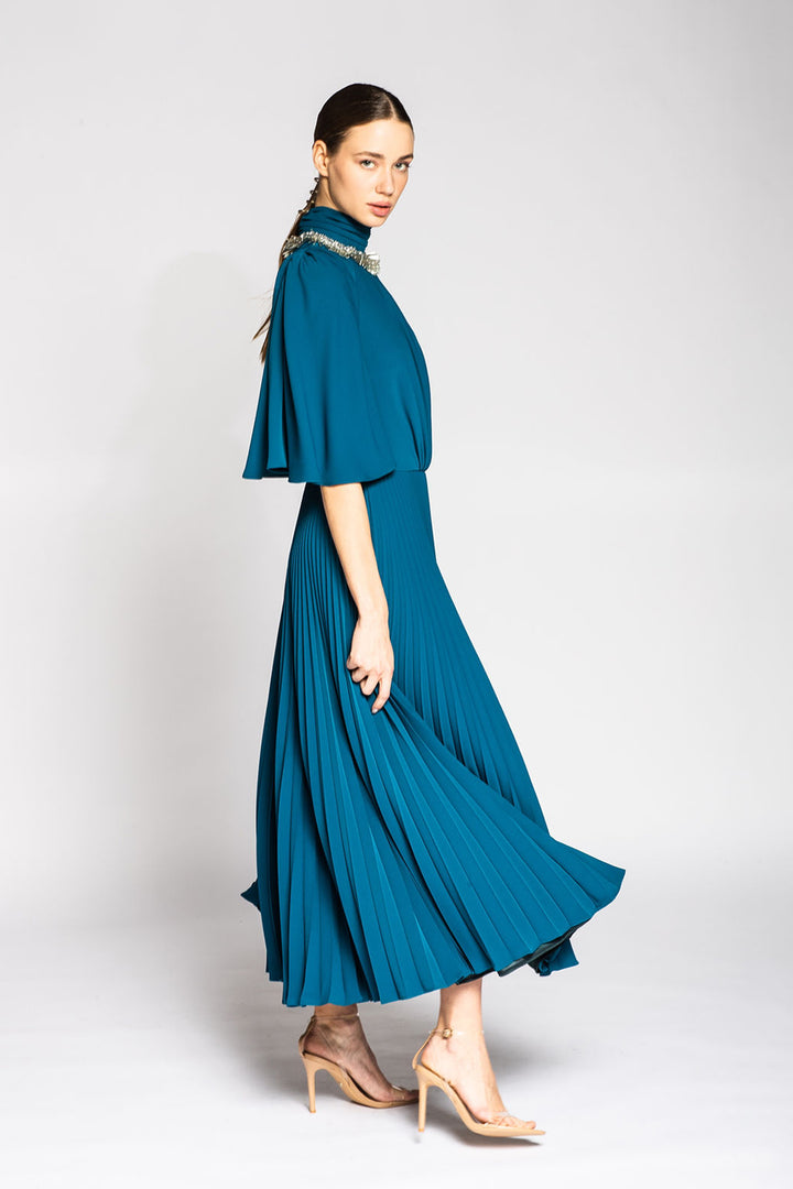 Pleated Midi Dress with Bell Sleeves