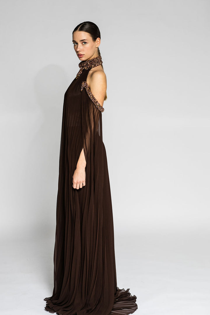 Pleated Loose Dress with Cold-Shoulders