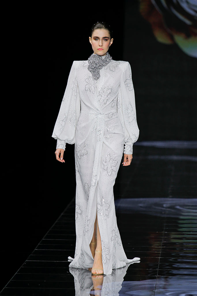Long-Sleeved Draped Mermaid Dress White / US 20