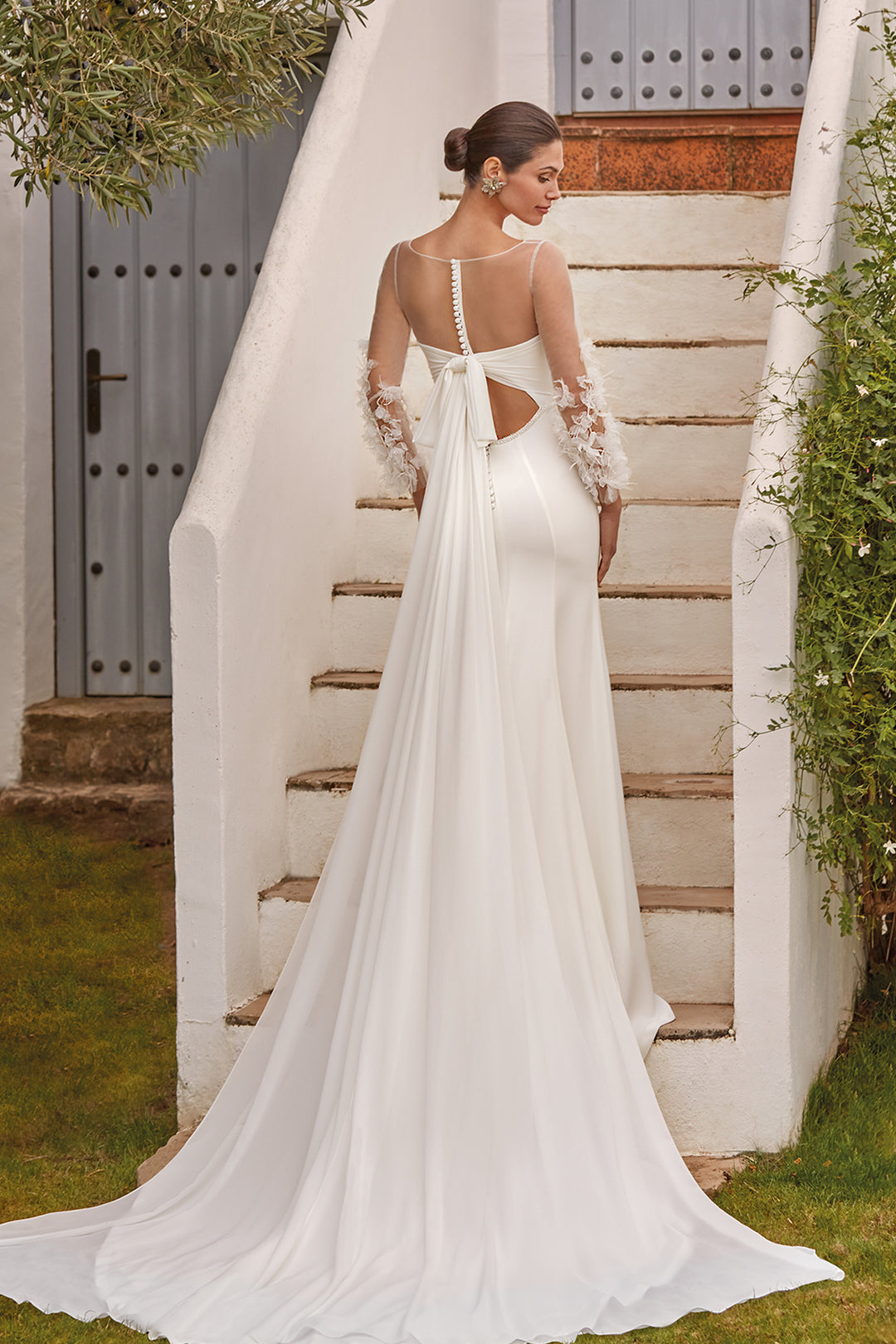 Crepe Long Dress with Embroidered Tulle and Bow