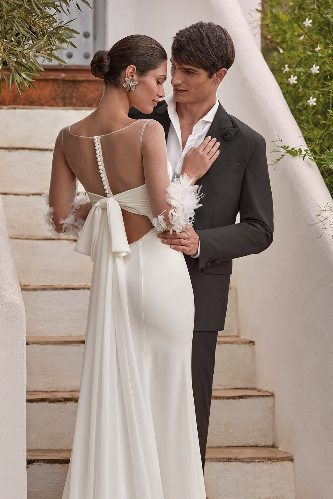 Crepe Long Dress with Embroidered Tulle and Bow