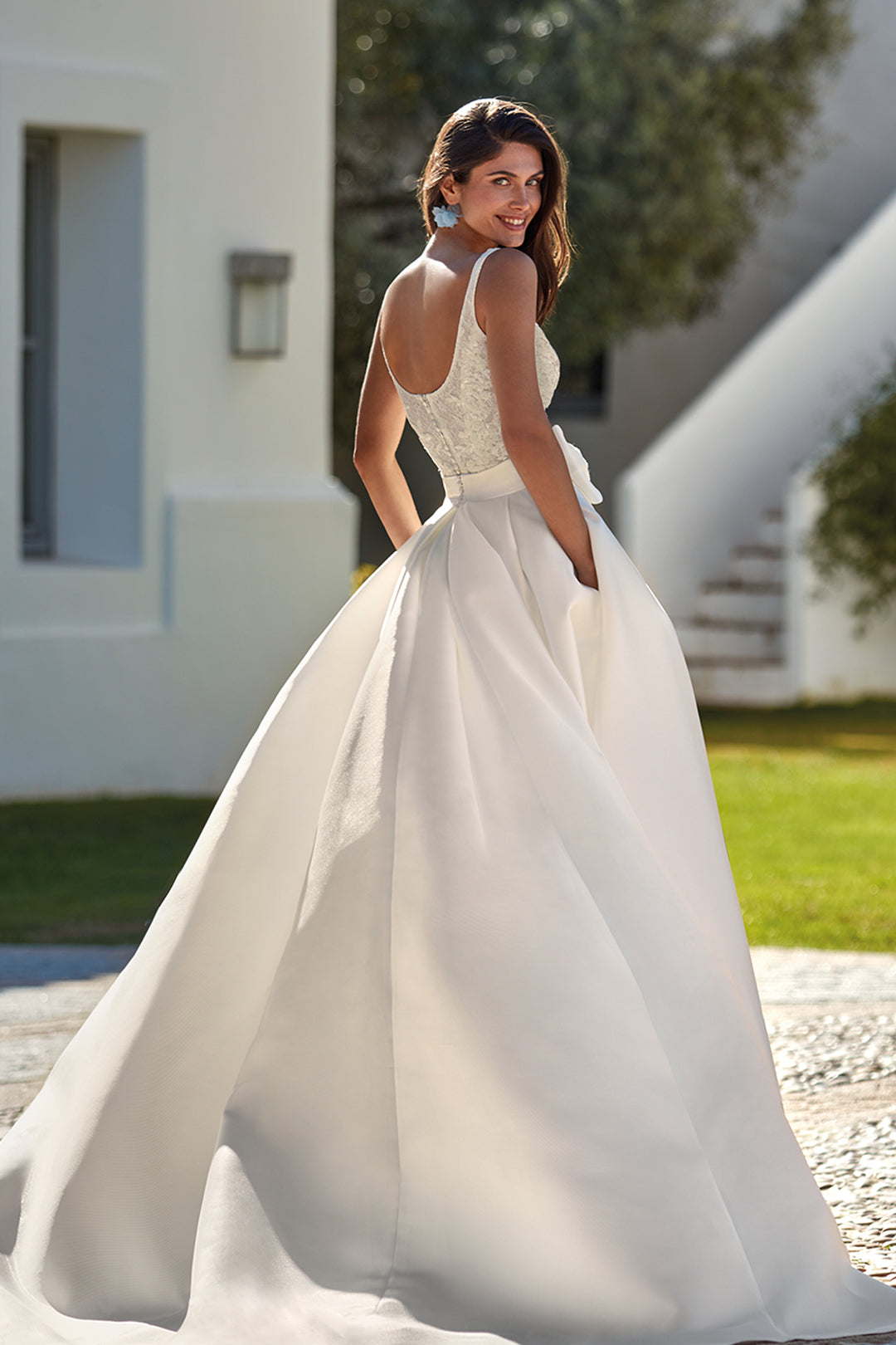Lace And Mikado Dress Two-Piece with Overskirt White / FR 54