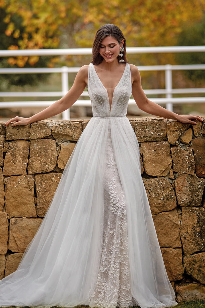 Boho Tulle Long Dress with Lace and Beading White / FR 42