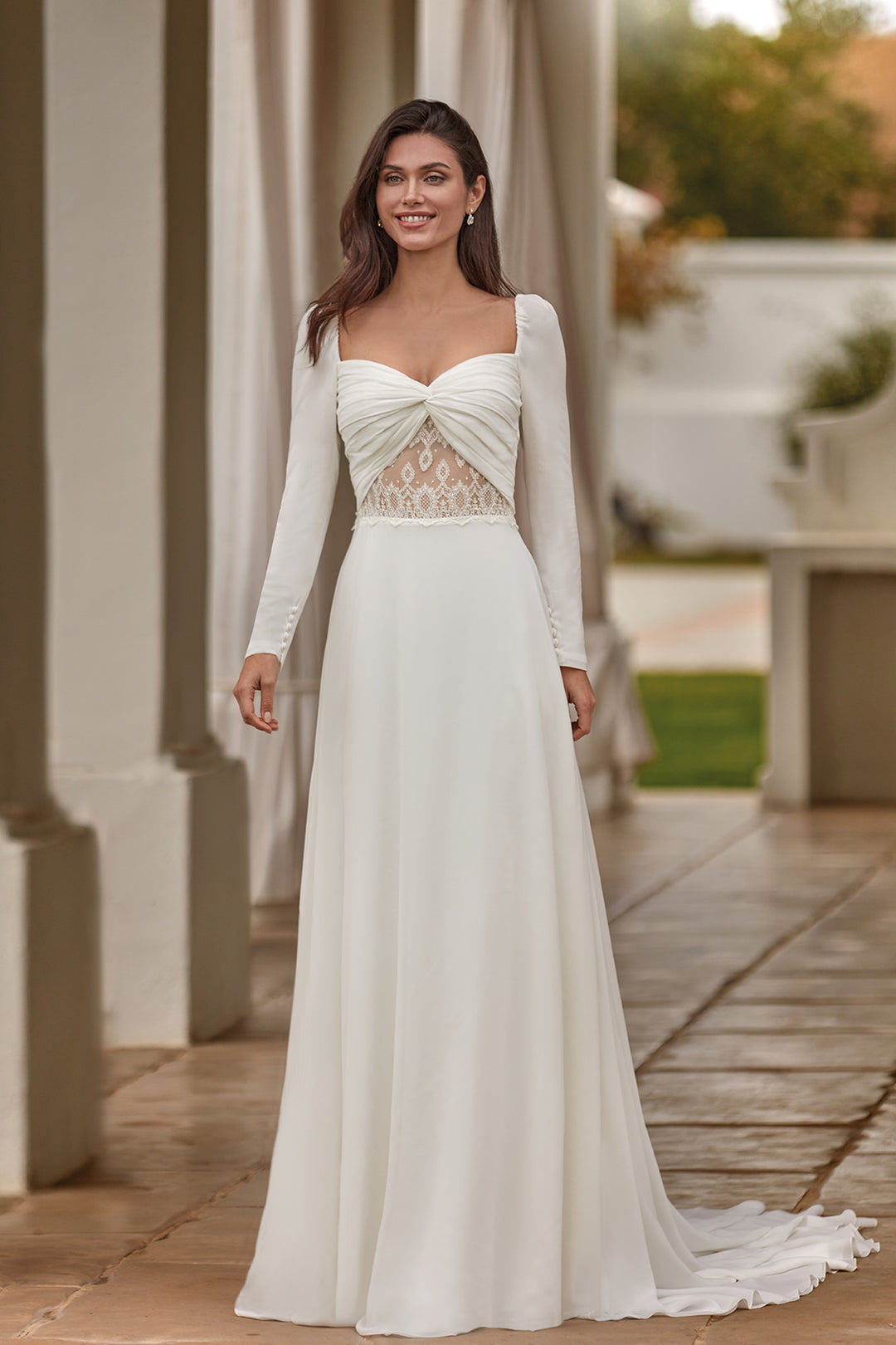 A-line Long Dress with Georgette Lace Details White / FR 50