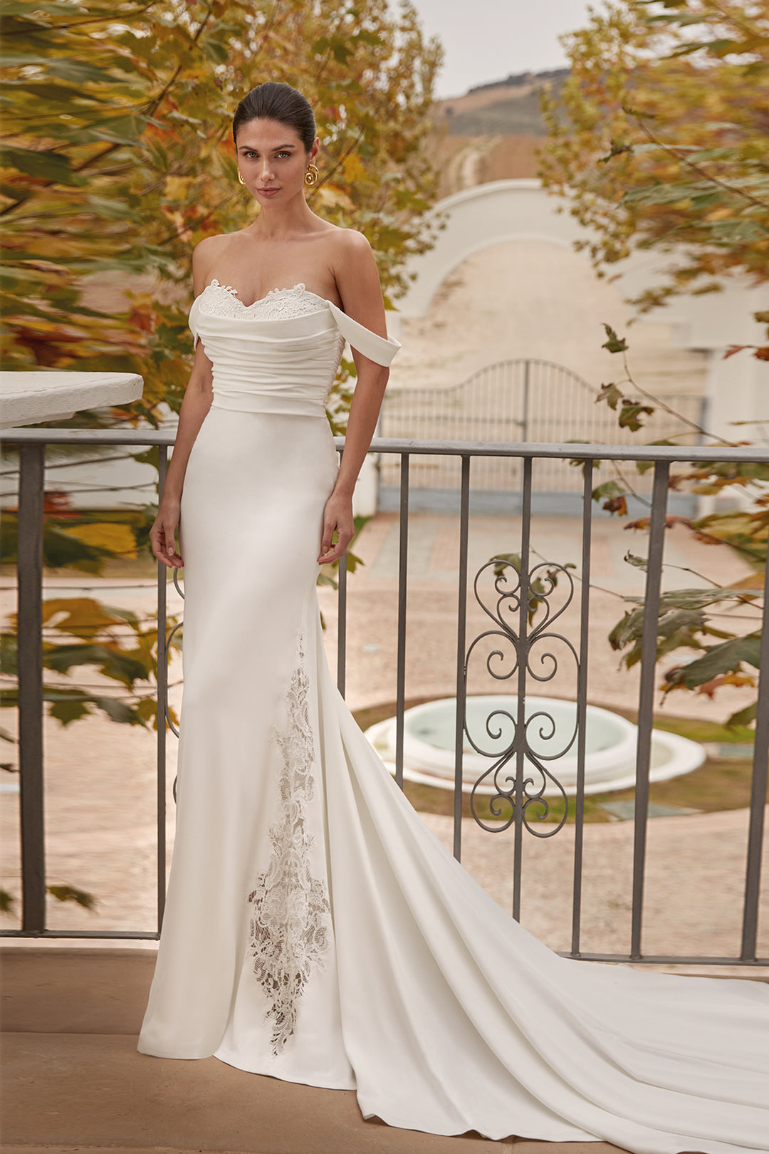 crepe corset wedding dress Crepe Lace Corset Wedding Dress with Floral Cathedral Train ML122 Viniodress